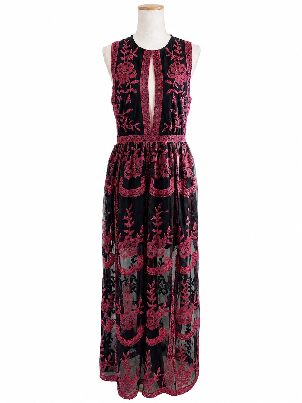 Honey Punch Black Red Embroidered Grecian Maxi Dress Sheer Overlay keyhole front